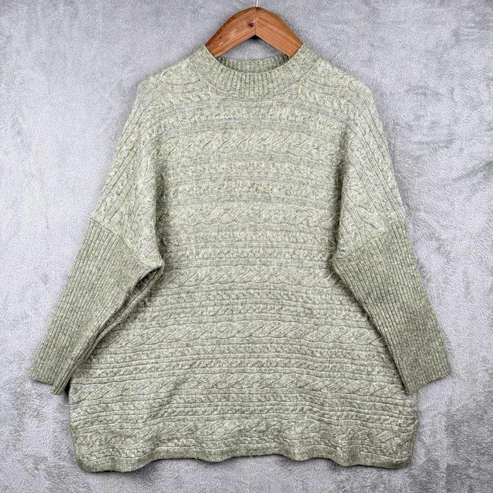 Soft Surroundings Sweater Womens 1X Heather Green Cable Knit Mock Neck Oversized